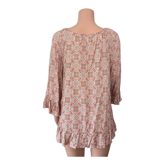 WESTPORT 1962 Women SZ XL Boho Floral Print Blouse With Ruffle Hem & 3/4 Sleeves - Picture 2 of 14